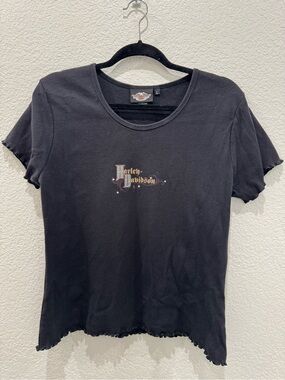 Harley-Davidson Women’s Black Graphic Baby Tee Y2K Cotton Motorcycle Top L
